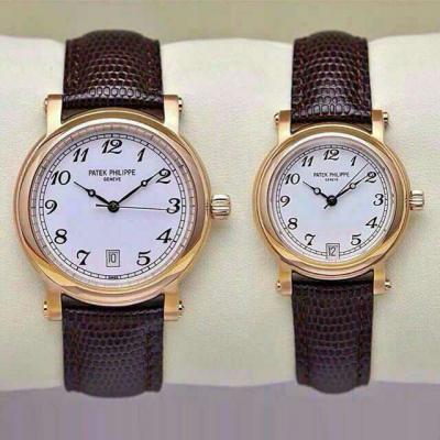 百达翡丽Patek Philippe  情侣自动机械手表真皮皮带 18K玫瑰金 进口机芯 香港组装  男女对表